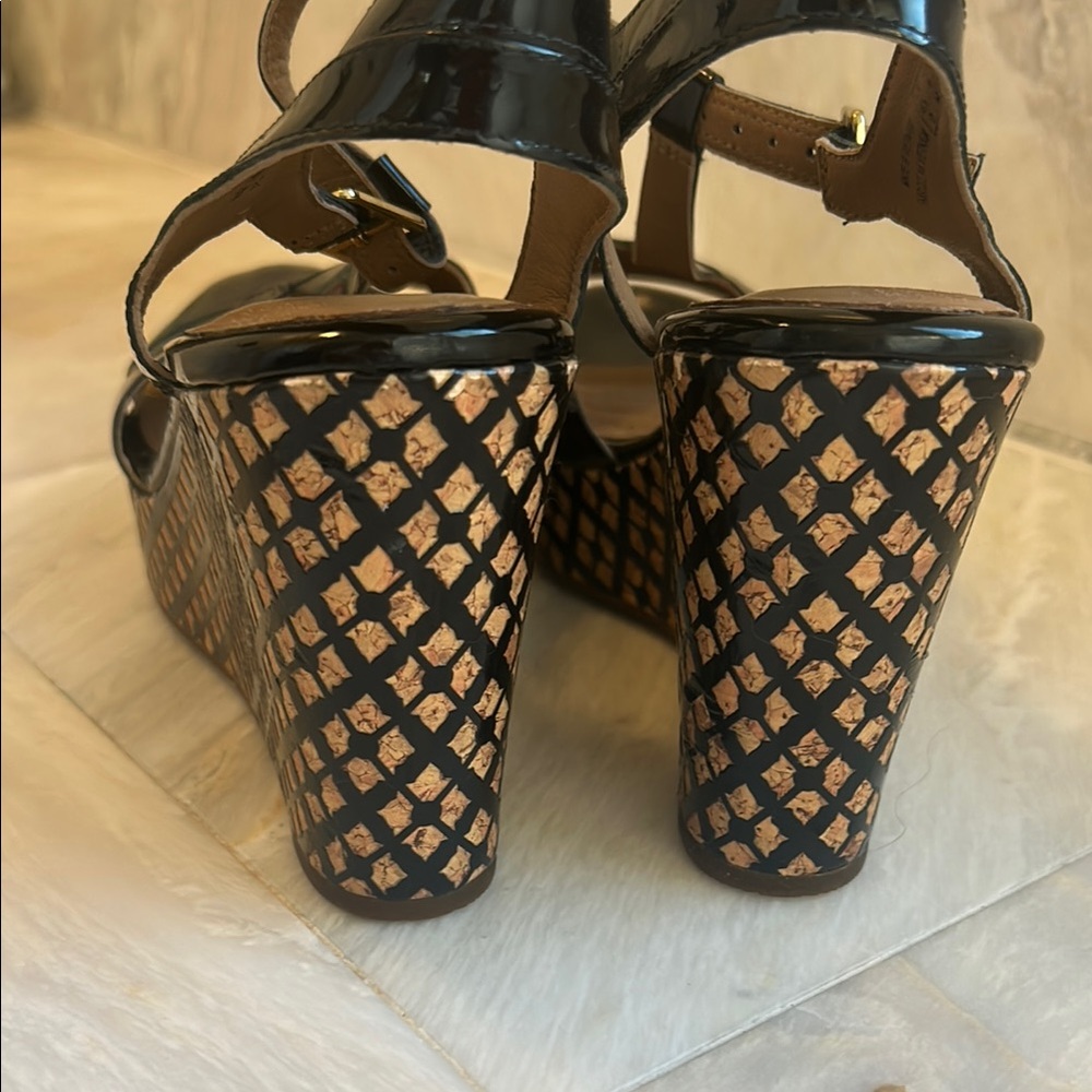 Clarks Black Wedge Escadrille Sandals with Ankle Straps and Cut-Out Design